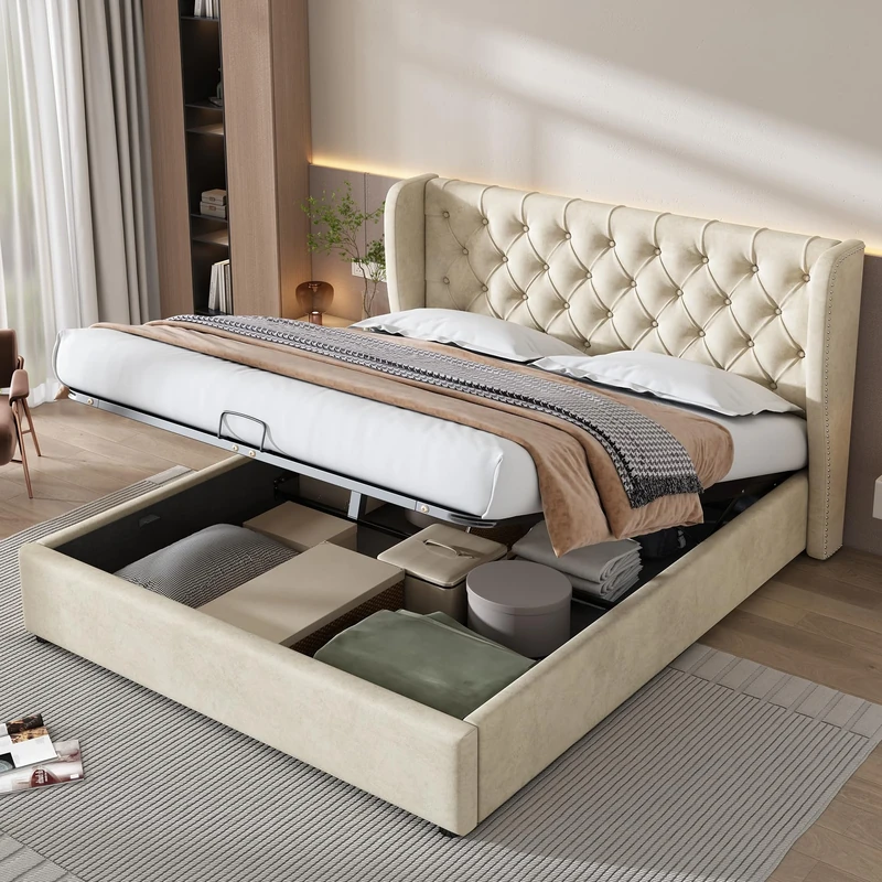 Merax Upholstered Bed Frame with Hydraulic Lift, 4FT6 Double Bed Frame with Storage, Functional Ottoman Bed, Sturdy Construction, Without Mattress, Elegant Velvet Finish, Beige, 135x190cm