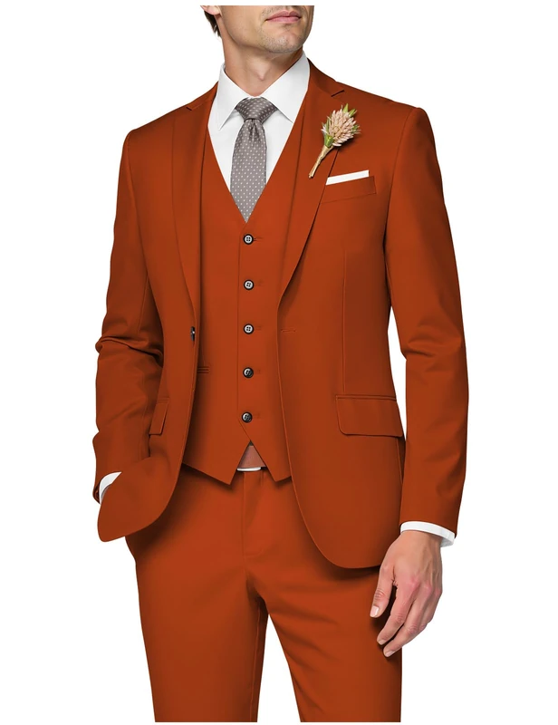 SPTALLFITJSV 3 Piece Suit Men Slim Fit Wedding Suits for Mens Elegant One Button Jacket Single Breasted Vest Pants Set, Burnt Orange, S
