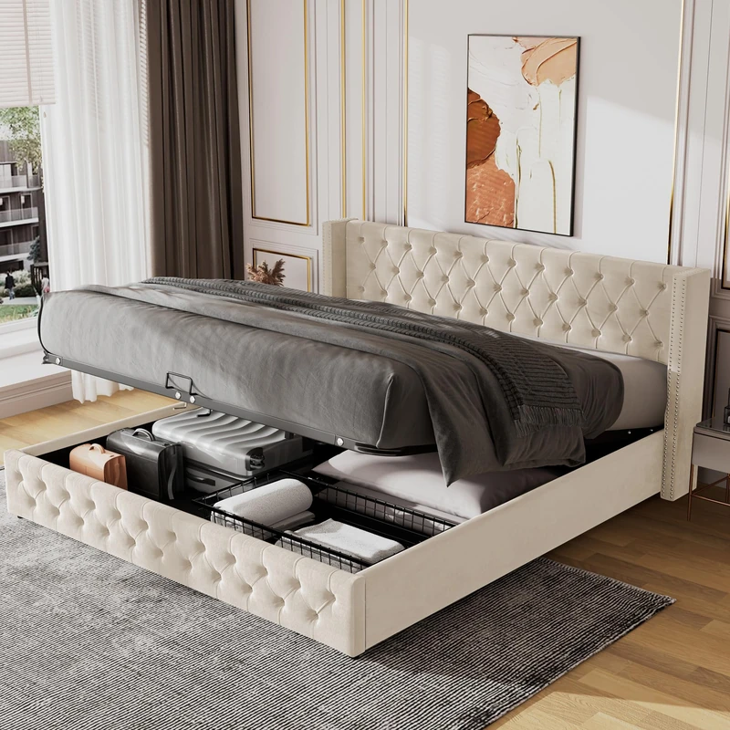 Merax Upholstered Bed Frame with Hydraulic Lift, 4FT6 Double Bed Frame with Storage, Functional Ottoman Bed, Sturdy Construction, Without Mattress, Elegant Velvet Finish, Beige, 135x190cm