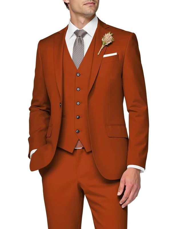 SPTALLFITJSV 3 Piece Suit Men Slim Fit Wedding Suits for Mens Elegant One Button Jacket Single Breasted Vest Pants Set, Burnt Orange, XXL