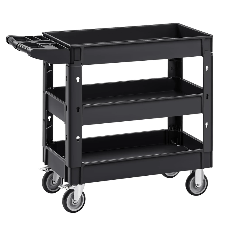 VEVOR Utility Service Cart, 249.5 kg Laod Capacity, 3 Shelf Heavy Duty Plastic Rolling Utility Cart with 360° Swivel Wheels (2 with Brakes), Ergonomic Storage Handle for Warehouse/Garage/Cleaning