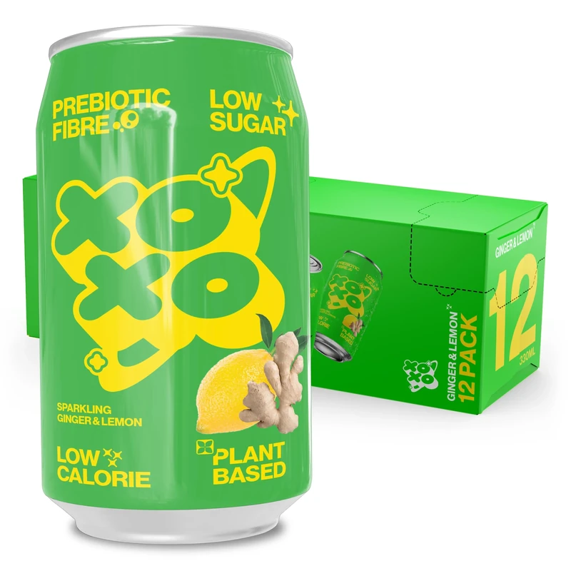 XOXO Ginger & Lemon Prebiotic Soda (12 x 330ml Cans) | Refreshing Sparkling Prebiotic Drink With 6g of Plant-based Prebiotic Fibre | Natural & Low Sugar & Low Calorie Drink | High in Fibre