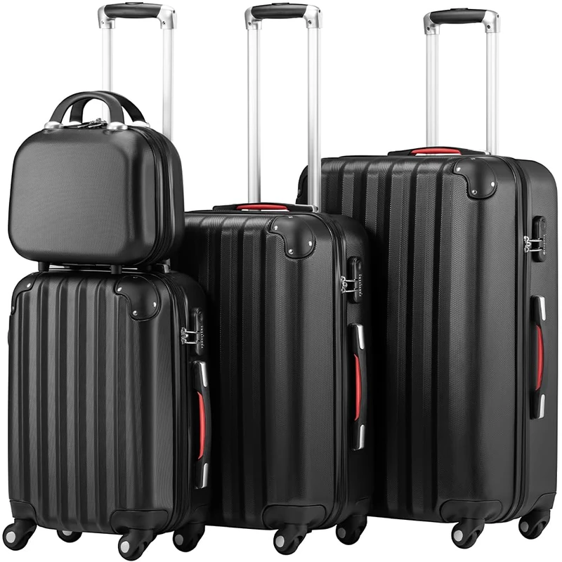 PROVITERA Set of 3 Hard ABS Suitcases M-L-XL Telescopic Handle and 4 Easy Roll Wheels, Code Lock Lock, Heavy Duty Travel Trolley with Hand Luggage, 3 + 1 Black, 45.5 x 28 x 70 cm, Modern