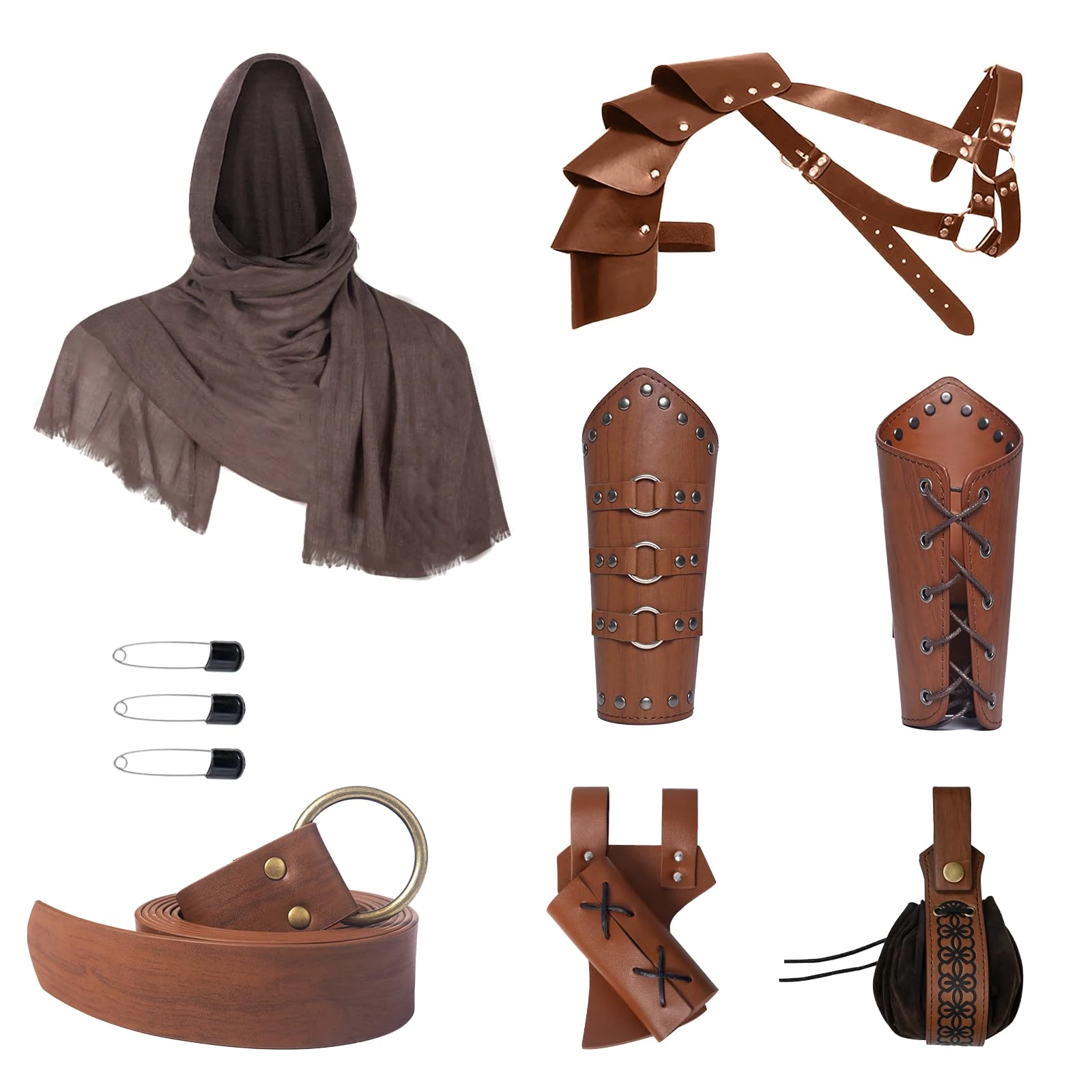 YRTBGD Medieval Knight Costume Accessories Set Includes Medieval Leather Belt Shawl Retro Head Scarf Leather Steampunk Shoulder Armor Arm Guards Belt Pouch Sword Frog for Halloween Cosplay (Brown)