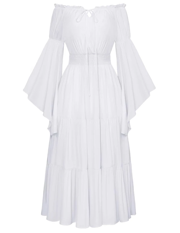 Scarlet Darkness Renaissance Costume Women Off Shoulder Bell Sleeve Tiered Maxi Dress, White, XXL