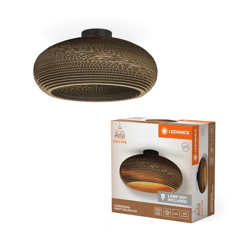 LEDVANCE Deckenleuchte Decor Cardboard Drop Braun aus Wellpappe, Leicht, E27, 400 mm Durchmesser, Leuchtenschirm aus recyceltem Material, nachhaltig durch austauschbare Lichtquelle, einfache Mounting