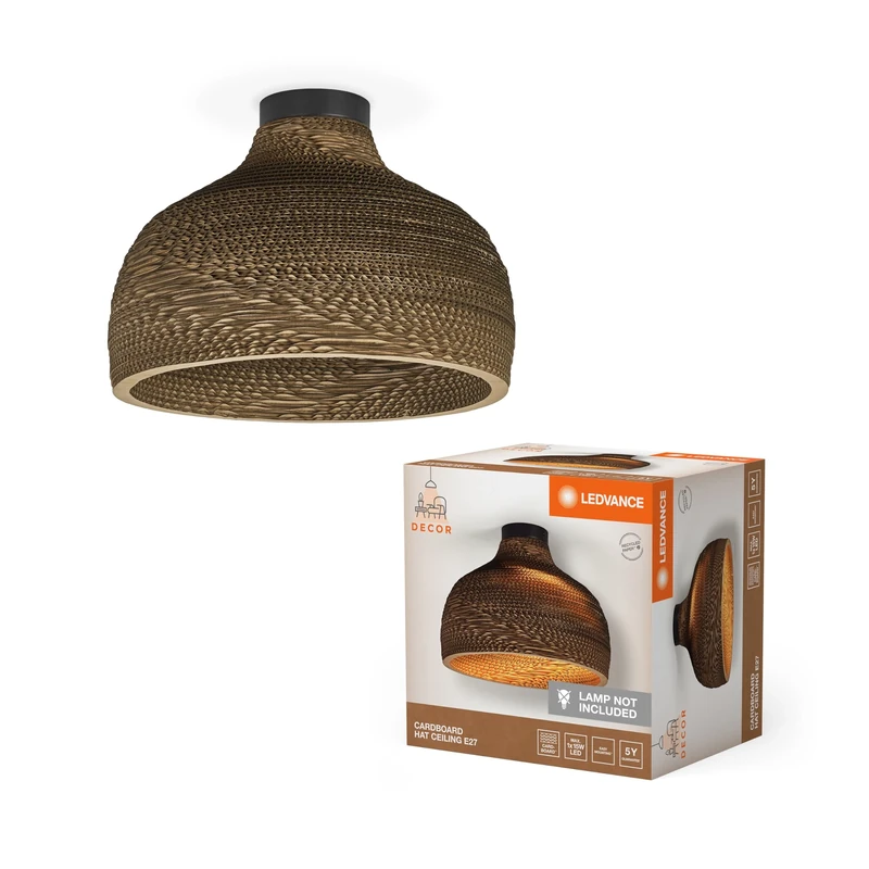 LEDVANCE Deckenleuchte Decor Cardboard Hat Braun aus Wellpappe, Leicht, E27, 360 mm Durchmesser, Leuchtenschirm aus recyceltem Material, nachhaltig durch austauschbare Lichtquelle, einfache Mounting
