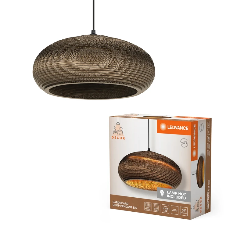 LEDVANCE Pendelleuchte Decor Cardboard Drop Braun aus Wellpappe, Leicht, E27, 400 mm Durchmesser, Leuchtenschirm aus recyceltem Material, nachhaltig durch austauschbare Lichtquelle, einfache Mounting