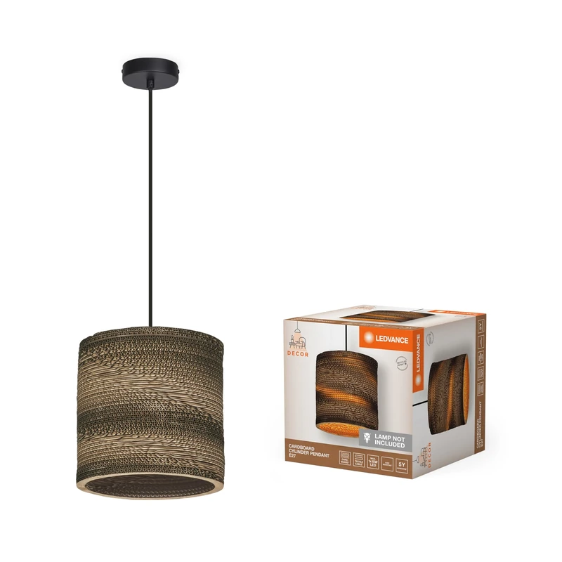 LEDVANCE Pendelleuchte Decor Cardboard Cylinder Braun aus Wellpappe, E27, 250 mm Durchmesser, Leuchtenschirm aus recyceltem Material, nachhaltig durch austauschbare Lichtquelle, einfache Mounting