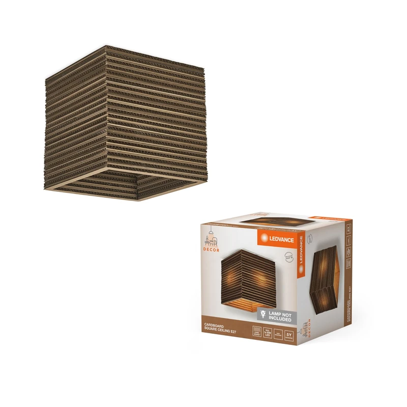 LEDVANCE Deckenleuchte Decor Cardboard Square Braun aus Wellpappe, Leicht, E27, 250 mm Durchmesser, Leuchtenschirm aus recyceltem Material, nachhaltig durch austauschbare Lichtquelle, einfache