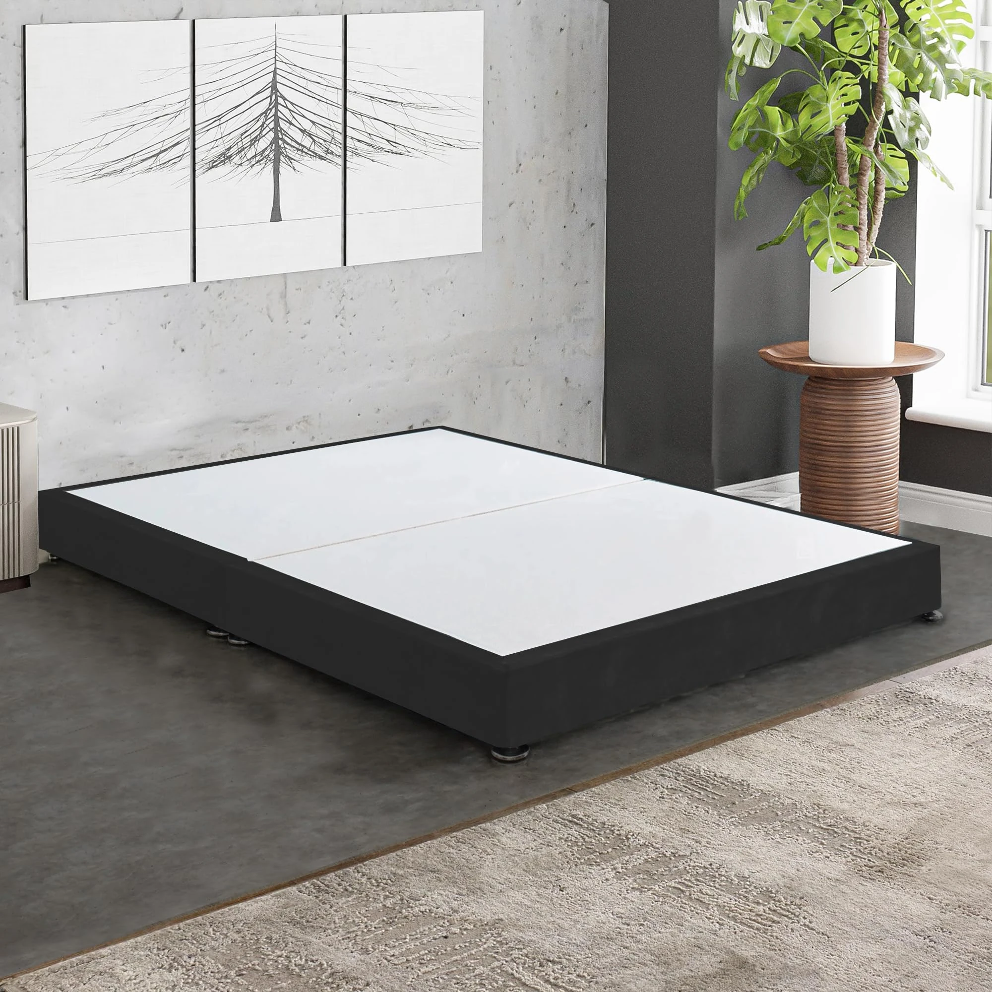 DBZ BEDS Shallow Super King Size Bed Set 5 FT with 2000 Series Mattress - Black Plush Low Divan Beds Set With Optional Cubic Headboard – 5 inch Low Divan Bed with Chrome Glider Feet (Super King)