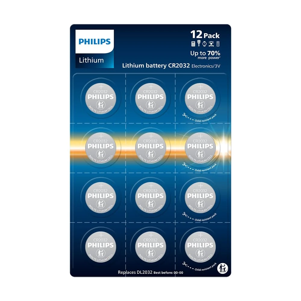 Philips Lithium CR2032 3 Volt Batteries - Ideal for Key Fobs and Calculators, Pack of 12