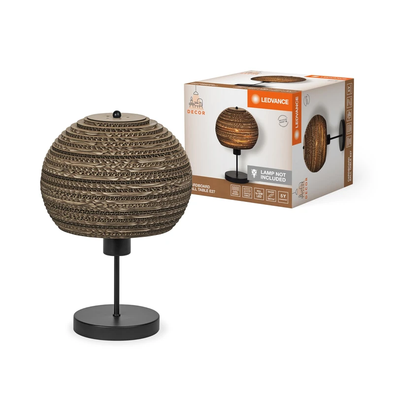 LEDVANCE Tischleuchte Decor Cardboard Ball Braun aus Wellpappe, Leicht, E27, 260 mm Durchmesser, Leuchtenschirm aus recyceltem Material, nachhaltig durch austauschbare Lichtquelle, einfache Mounting
