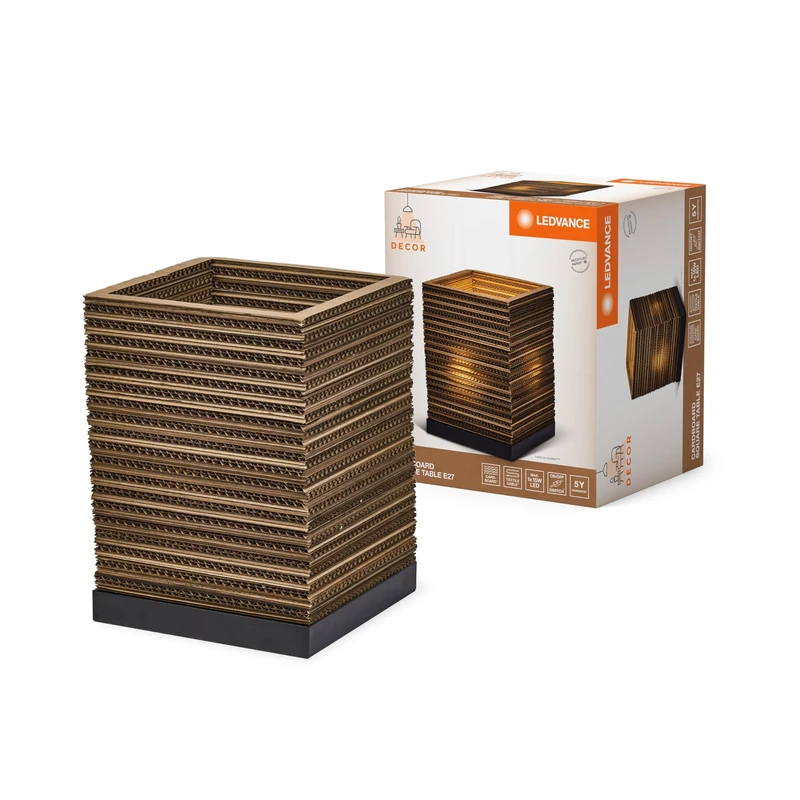 LEDVANCE Tischleuchte Decor Cardboard Square braun aus Wellpappe, leicht, E27, 200 mm Durchmesser, Leuchtenschirm aus recyceltem Material, nachhaltig durch austauschbare Lichtquelle, einfache Mounting