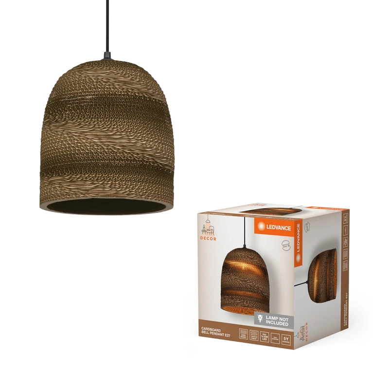 LEDVANCE Pendelleuchte Decor Cardboard Ball Bell Braun aus Wellpappe, E27, 260 mm Durchmesser, Leuchtenschirm aus recyceltem Material, nachhaltig durch austauschbare Lichtquelle, einfache Montage
