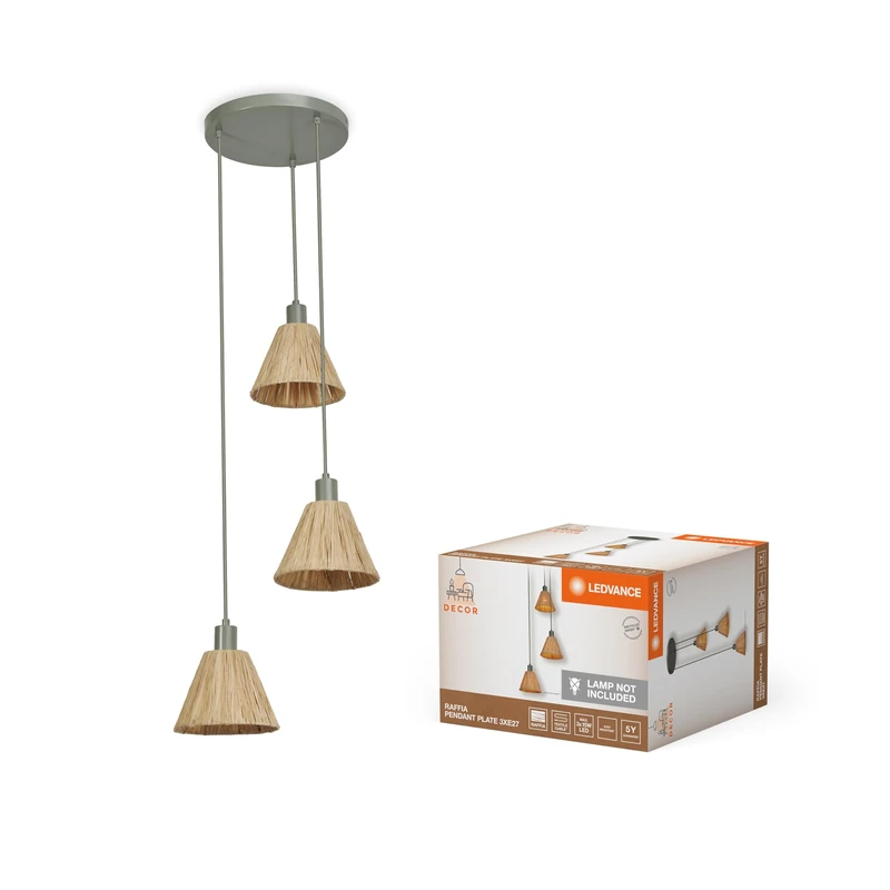 LEDVANCE Pendelleuchte 3-flammig Decor Raffia Plate grün aus Bast & Metall, E27, 430 mm Durchmesser, Lampenschirm aus recyceltem Material, nachhaltig durch austauschbare Lichtquelle, einfache Mounting
