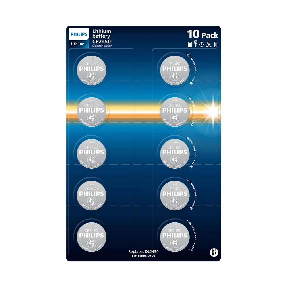 Philips Lithium 3 Volt CR2450 Batteries - Perfect for Medical Devices, Toys and Key Fobs, Pack of 10