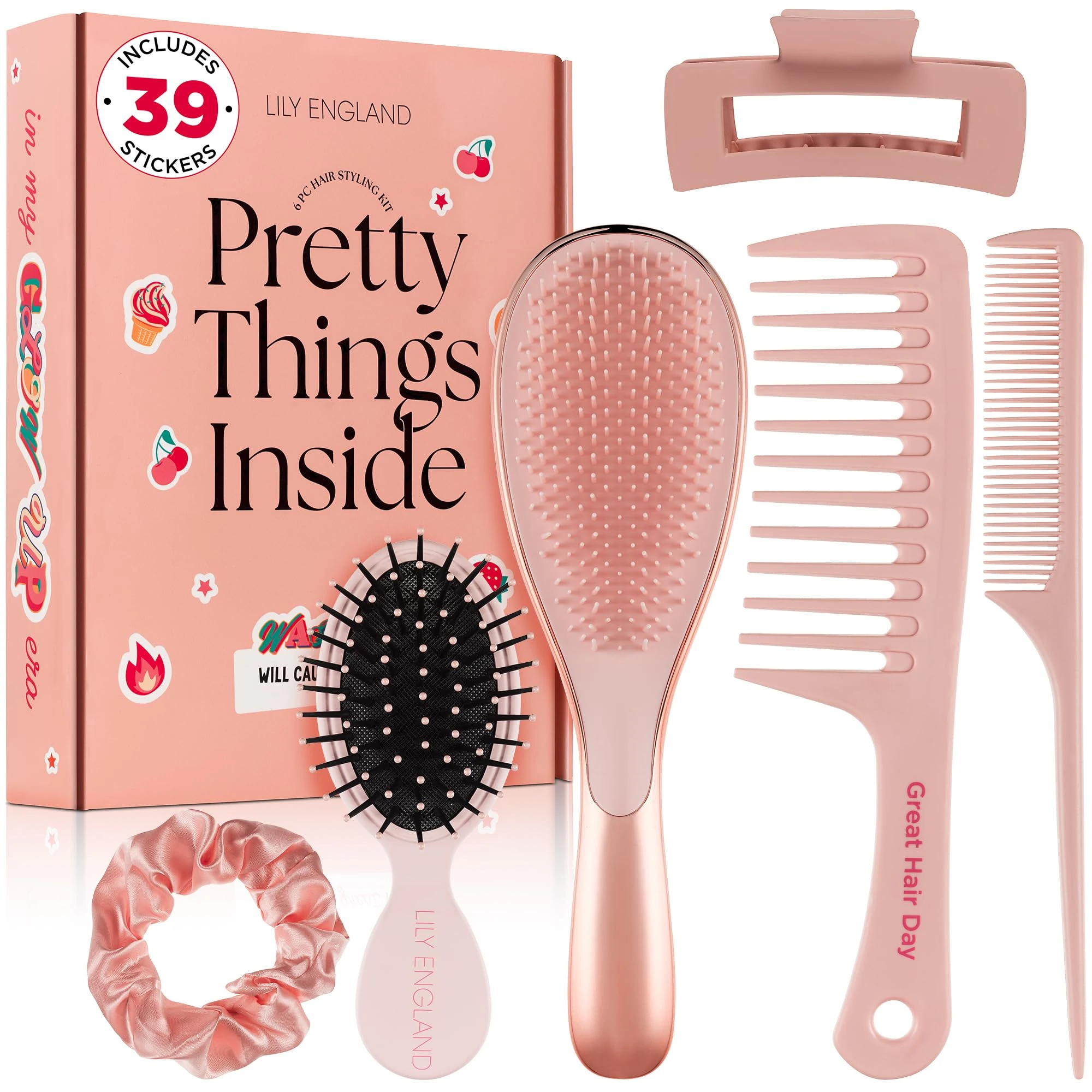 Lily England Detangle Hair Brush for Thick, Curly & Straight Hair - Fun Stocking Fillers for Teenage Girls & Kids with Decorative Stickers - Teenage Girl Gift (Rose Gold, 6 Pack + 39 Stickers)