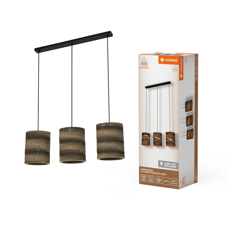 Ledvance Decorative Cardboard Cylinder Pendant Light 3-Bulb Brown Corrugated Cardboard E27 830 mm Length Lamp Shade Made from Recycled Material Sustainable Thanks to Replaceable Light Source Easy