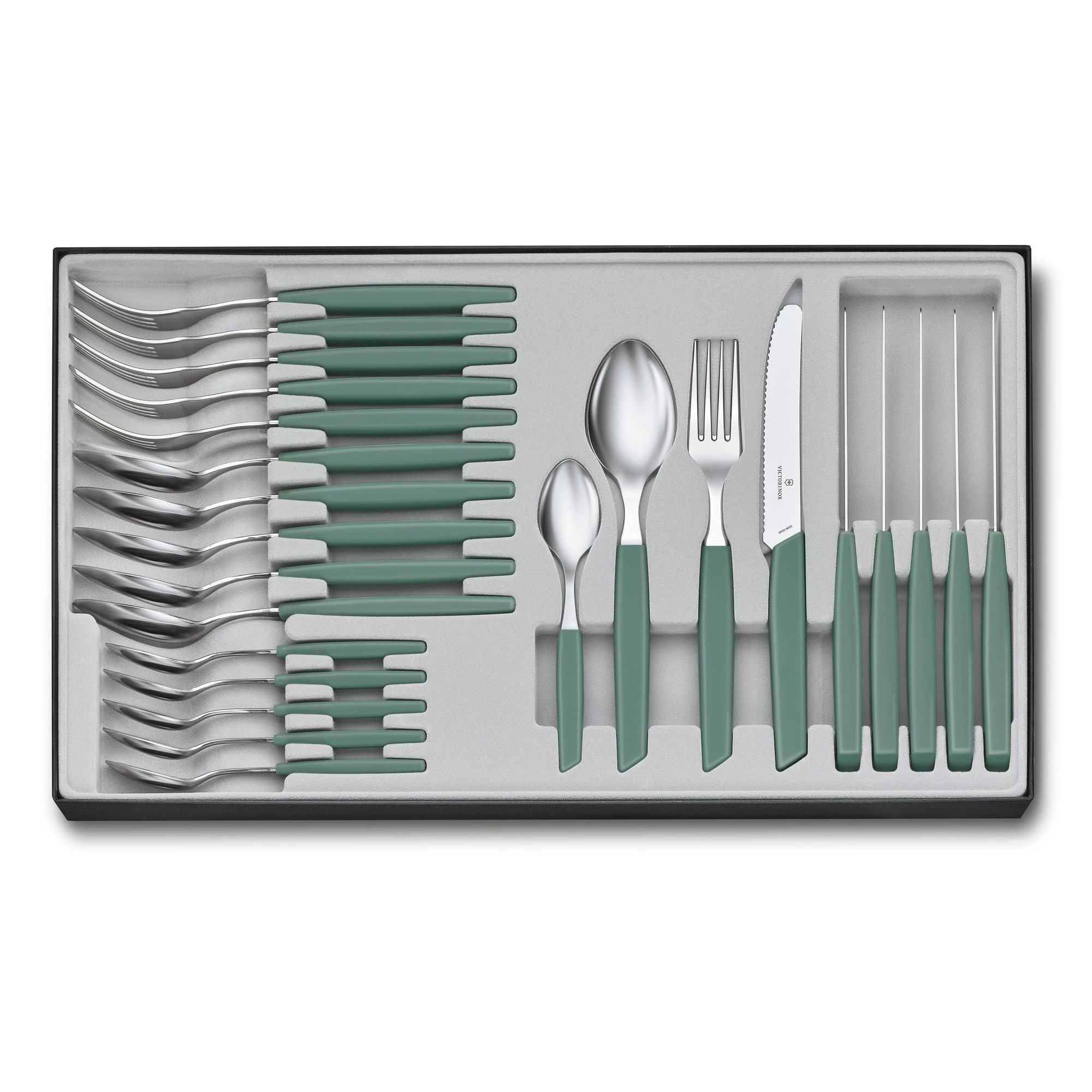 Victorinox Modern Cutlery Set, Complete, 24 Pieces, Extra Sharp Knives, Forks, Spoons, Dishwasher Safe, Sage