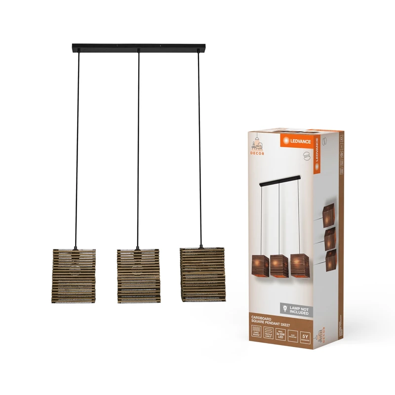 LEDVANCE Pendelleuchte 3-flammig Decor Cardboard Square Braun aus Wellpappe, E27, 830 mm Länge, Leuchtenschirm aus recyceltem Material, nachhaltig durch austauschbare Lichtquelle, einfache Mounting