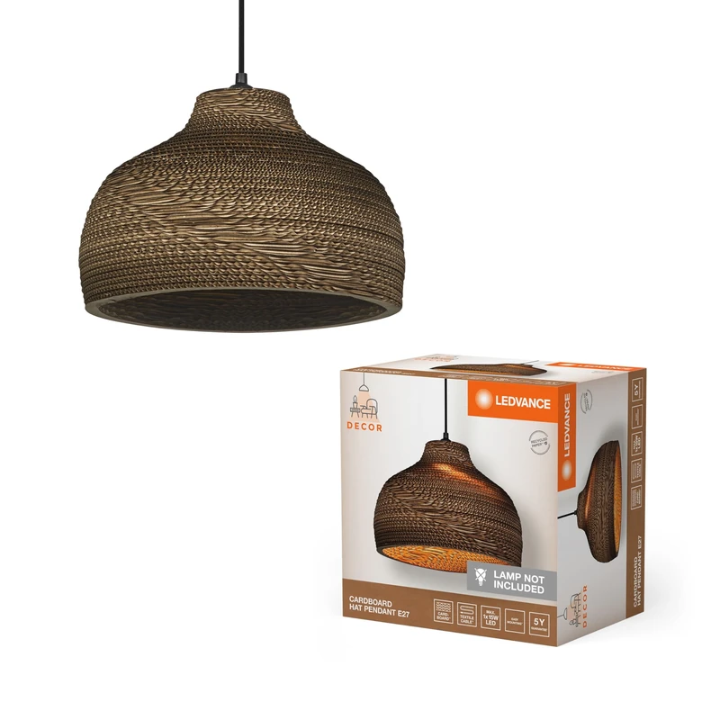 LEDVANCE Pendelleuchte Decor Cardboard Hat Braun aus Wellpappe, Leicht, E27, 360 mm Durchmesser, Leuchtenschirm aus recyceltem Material, nachhaltig durch austauschbare Lichtquelle, einfache Mounting