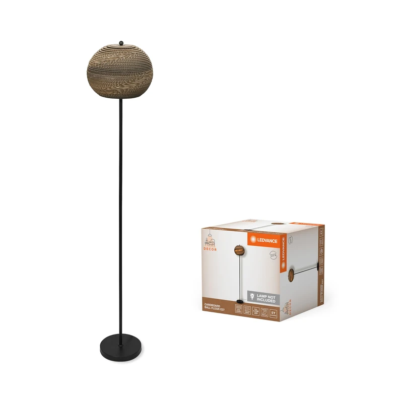 LEDVANCE Standleuchte Decor Cardboard Ball Braun aus Wellpappe, Leicht, E27, 1600 mm Höhe, Leuchtenschirm aus recyceltem Material, nachhaltig durch austauschbare Lichtquelle, einfache Mounting