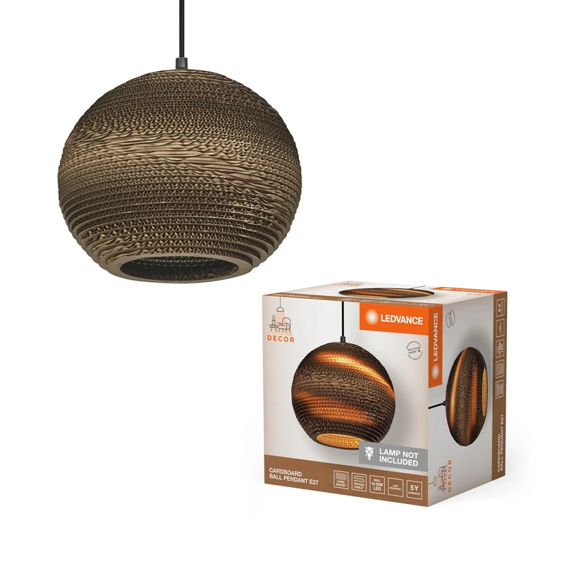 LEDVANCE Pendelleuchte Decor Cardboard Ball Braun aus Wellpappe, Leicht, E27, 260 mm Durchmesser, Leuchtenschirm aus recyceltem Material, nachhaltig durch austauschbare Lichtquelle, einfache Mounting