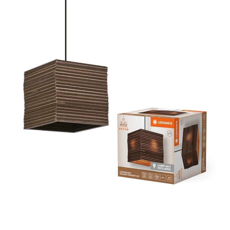 LEDVANCE Pendelleuchte Decor Cardboard Square Braun aus Wellpappe, Leicht, E27, 250 mm Durchmesser, Leuchtenschirm aus recyceltem Material, nachhaltig durch austauschbare Lichtquelle, einfache