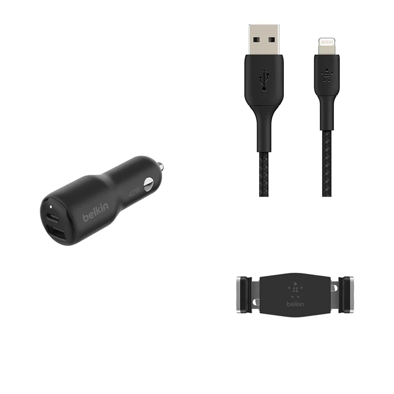 Belkin Premuim Car Bundle(42W Dual Port Fast Car Charger & USB-A to Lightning 1m charging cable & Vent Mount)