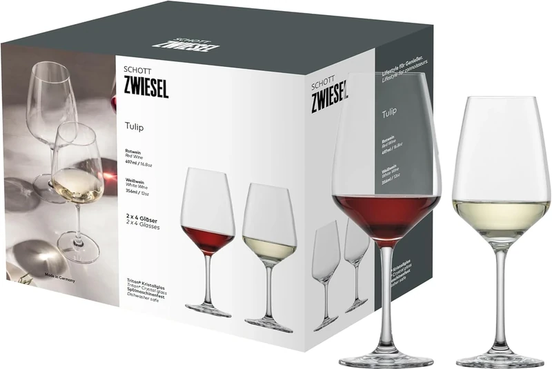 Schott Zwiesel Wine Glass Set of 8 Tulip, 4 White Wine Glasses and 4 red Wine Glasses in a Set, Dishwasher-Safe Tritan Crystal Glasses, Made in Germany (Art. no. 124094)