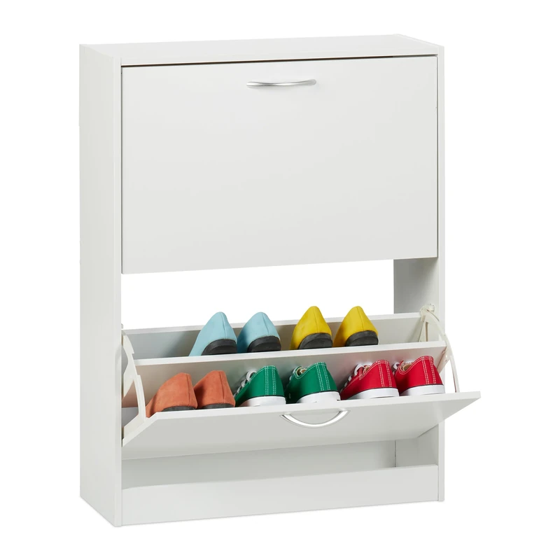 Relaxdays shoe cabinet, HxWxD: 80 x 60 x 24 cm, for 12 pairs, 2 flaps, narrow shoe tipper, hallway shoe chest of drawers, white