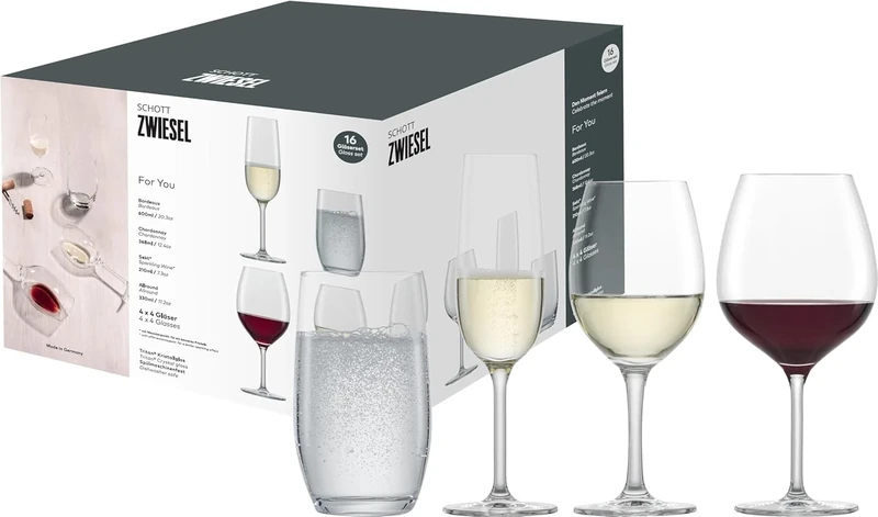 Schott Zwiesel Set of Glasses for You (Set of 16), Each Set of 4 White Wine Glasses, red Wine Glasses, Champagne Glasses and tumblers, Dishwasher-Safe Tritan Crystal Glasses, (Art. no. 124093)