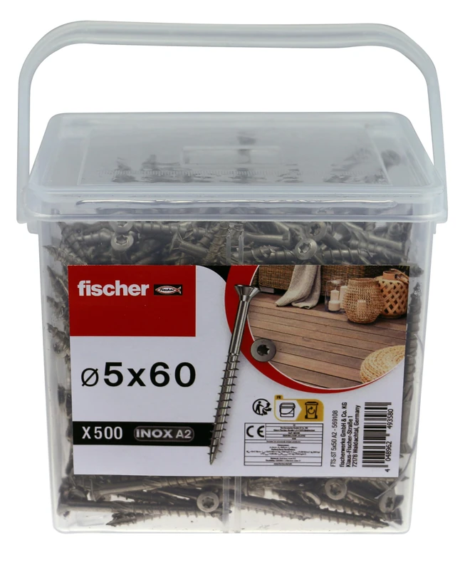 Fischer - Bucket of 500 terrace screws 5 x 60 in A2 stainless steel, corrosion-resistant stainless steel