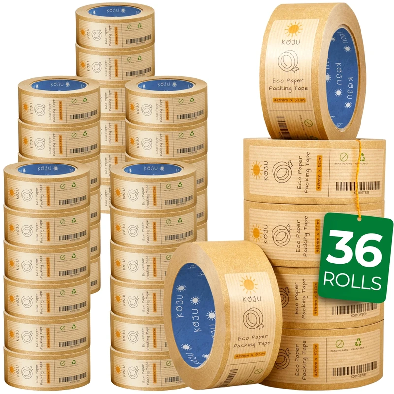 Koju Kraft Brown Paper Packing Tape 48mm x 50m - 36 Pack Eco Friendly