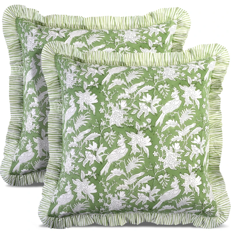 CPC Olive Green Ruffle Throw Pillow Covers for Couch, 24x24 Inch Cotton Stripe Ruffle Couch Pillows for Living Room, Hidden 20 Inch Zipper Boho Pillow Case or Cute Outdoor Pillows