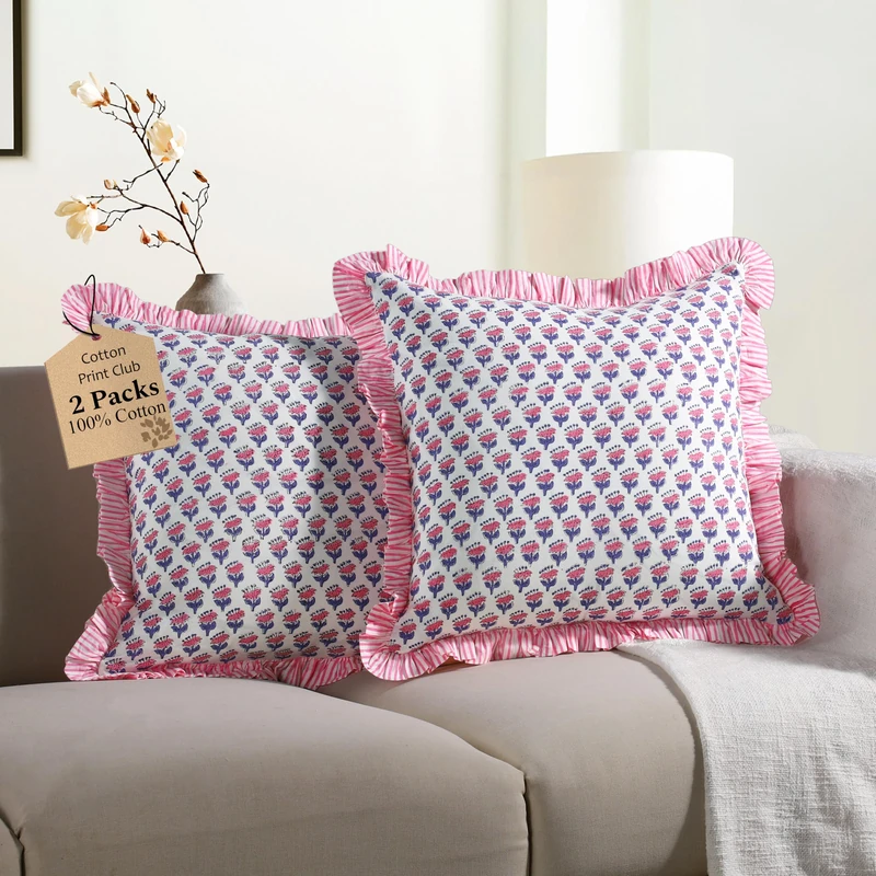 CPC Ruffle Throw Pillow Covers for Couch 18x18 Cotton Striped Ruffle Couch Pillows for Living Room Hidden 14 Inch Zipper Boho Pillow Case or Cute