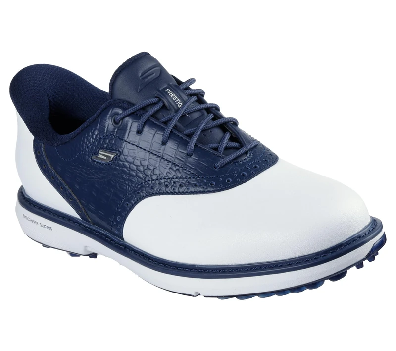 Skechers Women's Prestige Spikeless Slip-in Arch Fit Golf Shoe Sneaker, White/Navy, 7.5