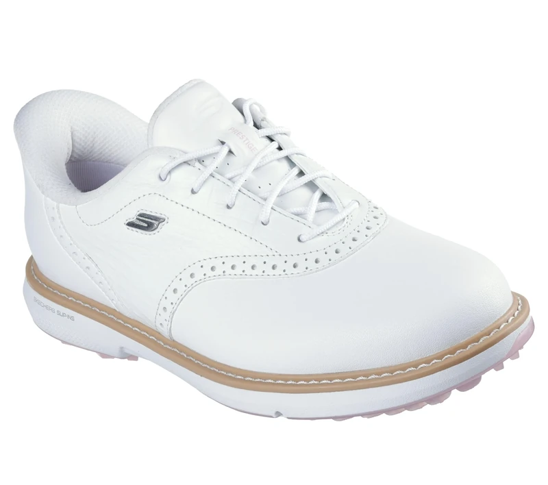 Skechers Women's Prestige Spikeless Slip-in Arch Fit Golf Shoe Sneaker, White/Pink, 7