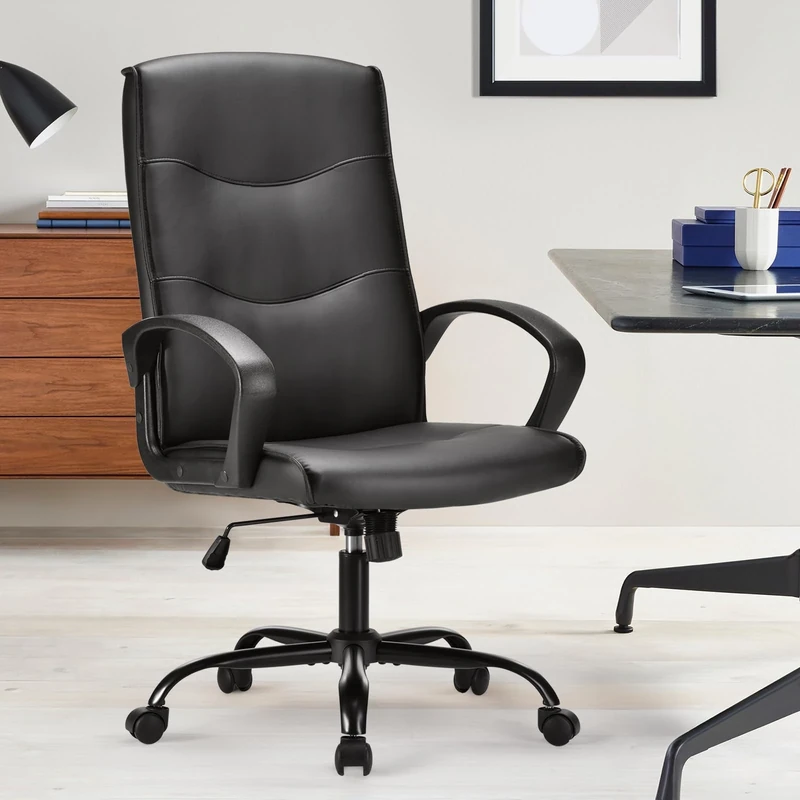 Farini Executive Office Chair - Leather High Back Ergonomic Computer Chair with Swivel Function, Padded Armrests and Lumbar Support for Home and Office (Black)