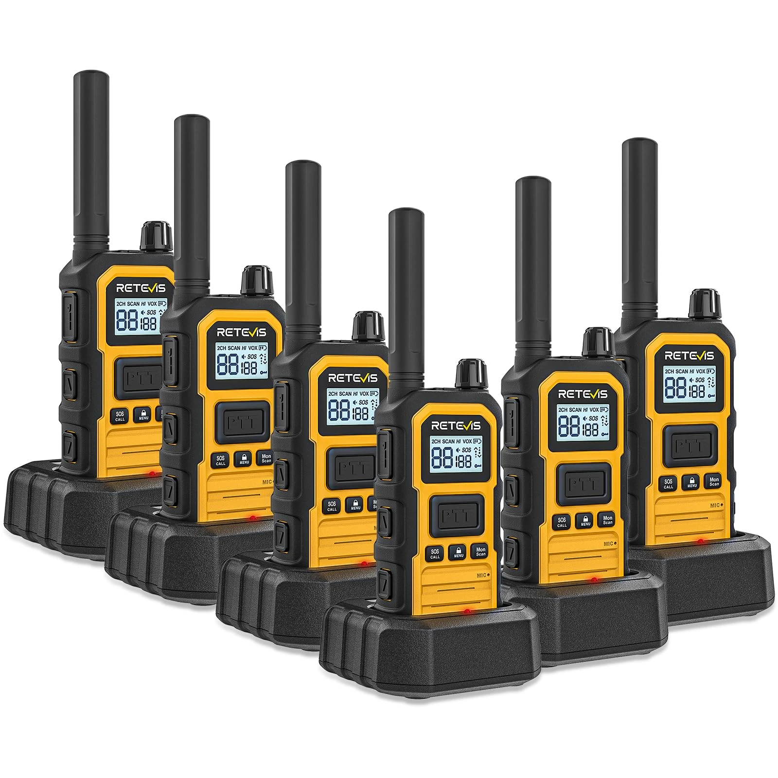 Retevis RB648 Plus Long Range Walkie Talkies IP67, Waterproof Two Way Radio, Rugged Reliability, Group Call, 2000mAh, Type-C, Rechargeable 2 Way Radio for Construction Industrial Site(6 Pcs, Yellow)