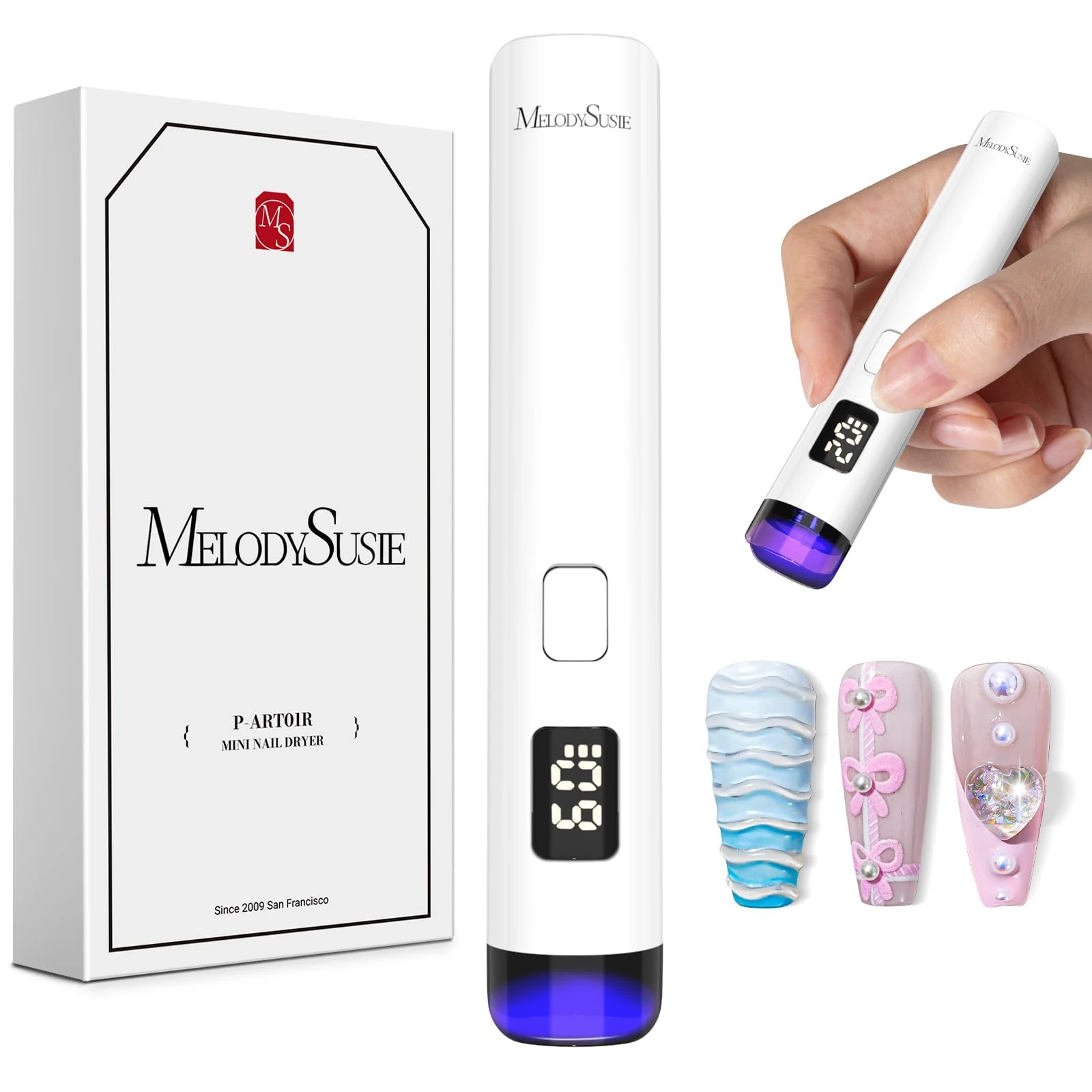 Melodysusie Handheld UV Light for Gel Nails, ART01R Cordless Gel X Nail Lamp Rechargeable with LCD Display, Eye-Protective Cover Flash Cure Nail Dryer for Rhinestone Glue Decoration DIY at Home