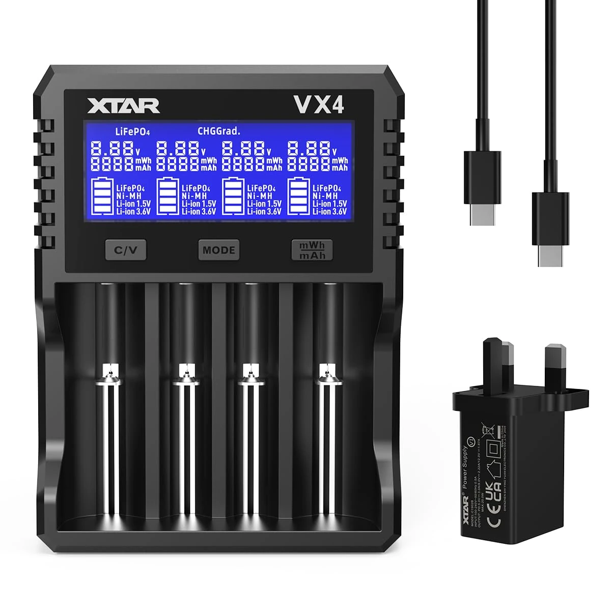 XTAR VX4 Battery Charger, Capacity Tester, 3.6/3.7V Li-ion, 1.5V Li-ion, 1.2V Ni-MH, 3.2V LiFePO4 Compatible, LCD Screen, Over-discharge Protection