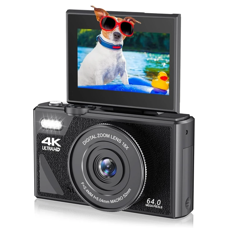 4K Digital Camera, 18X Zoom Camera with 3 Inch Flip Screen, 64MP UHD Autofocus Retro Compact Digital Camera for Travel Photography Vlogging (Black) - Image 1