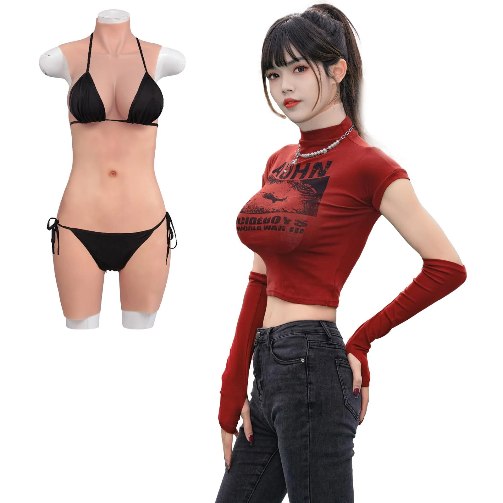 QIAOYIQIAO Silicone Bodysuit D Cup Breastplate Crossdressing Apparel Male to Female Realistic Fake Boobs for Transgender Crossdresser Drag Queen (Cotton Filler, Color 3)
