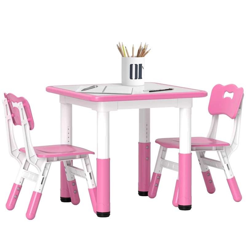 AIYAPLAY Kids Table and Chair Set, 3 Pcs Height Adjustable Activity Table Set with 2 Chairs, Easy to Wipe Arts & Crafts Desk, for Classrooms, Daycares, Homes - Pink