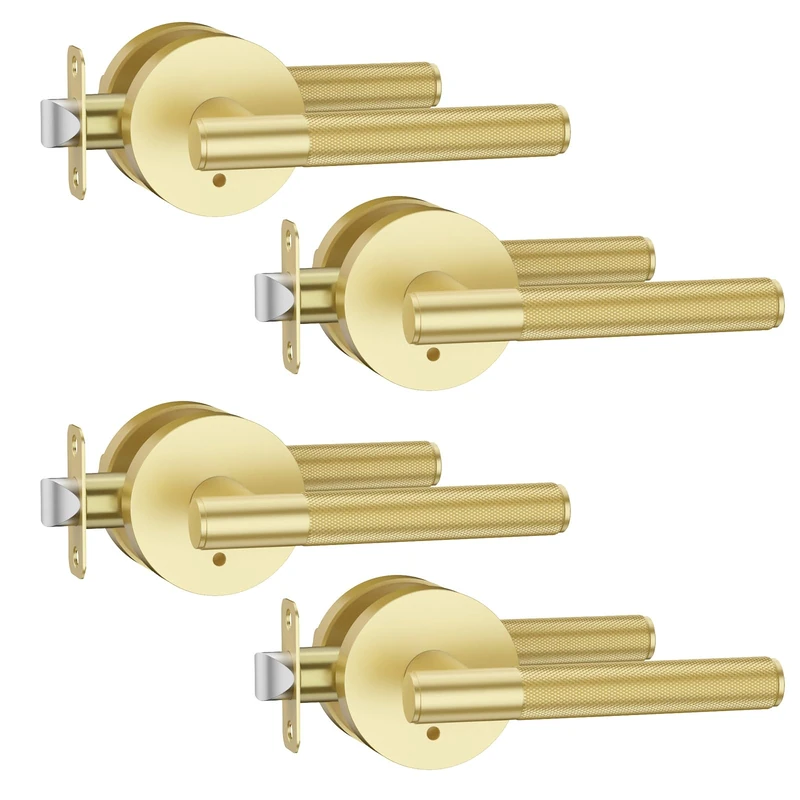 Asidrama 4 Pack Privacy Gold Door Handles, Door Lever with Door Knobs Indoor for Bedroom or Bathroom, Heavy Duty Brushed Gold Door Handles Interior with Locks for Left Right Sided Doors