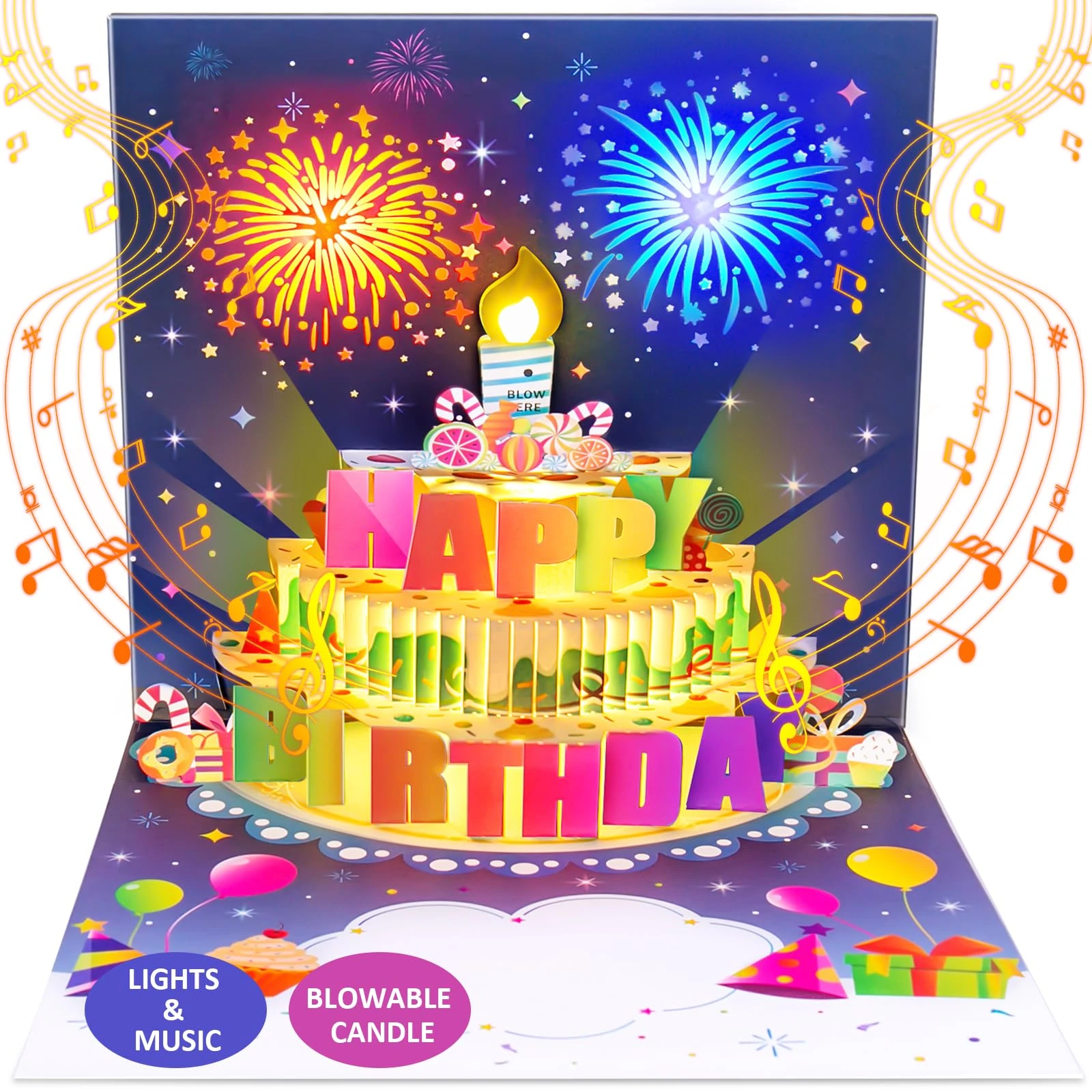 Birthday Cards, MUSIC & LIGHTS & BLOWABLE CANDLE Pop up Happy Birthday Card, Birthday Gifts for Women Men Husband Wife Sister Friends Kids-Navy Blue