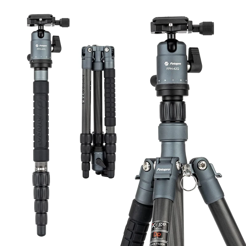 Fotopro 57inch Carbon Fibre Tripod for Camera, Lightweight Travel Tripod with Ball Head, Detachable Monopod with Quick Release Plate and Bag, Load up to 8KG/17.63lbs,Grey
