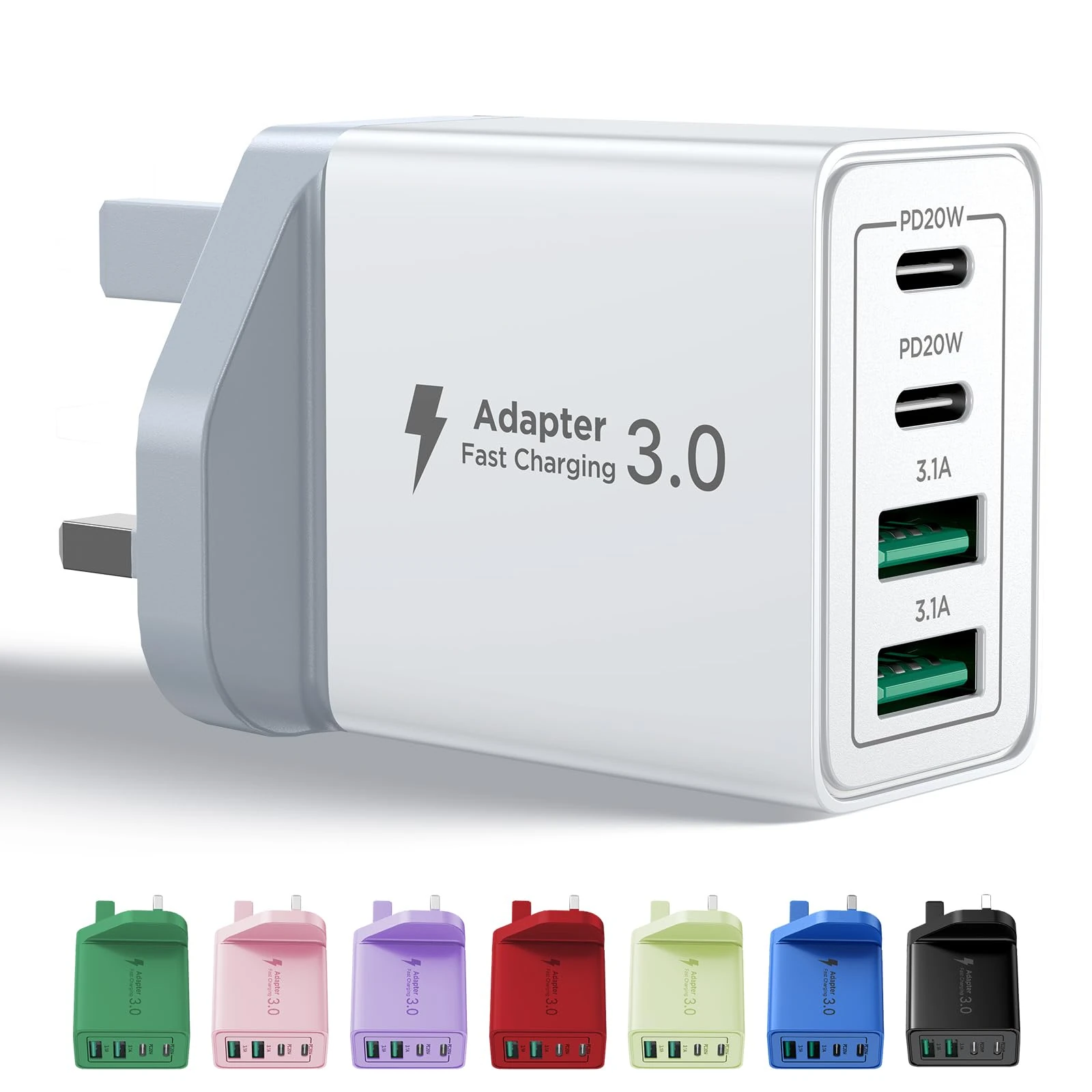 USB C Plug Fast Charge, 40W 4-Port Multi USB Charger Plug UK Dual Port PD Power Adapter +QC Wall Plug Multiport Mains Type C Charging Plug for iPhone 16 15 14 13 12 11 Pro Max XS XR 8, Samsung, iPad